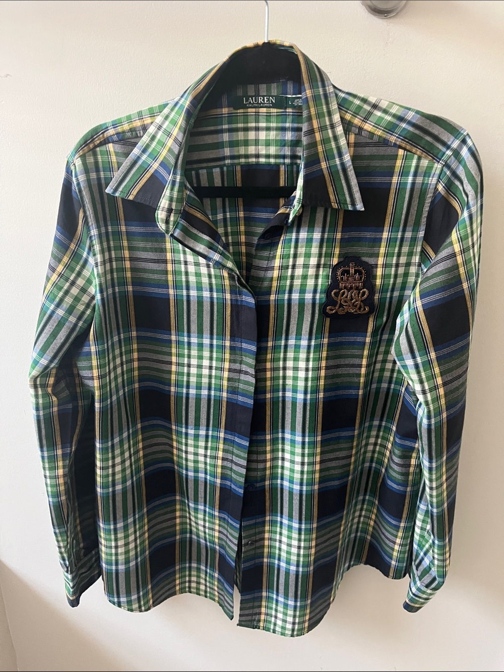 Lauren Ralph Lauren Navy, Green & White Plaid Button-Down Shirt